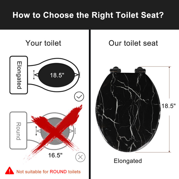 WC-Sitz aus Marmorholz, rund oder länglich, mit leise schließenden und schnell lösbaren Scharnieren, einfach zu installieren, auch leicht zu reinigen (schwarz)