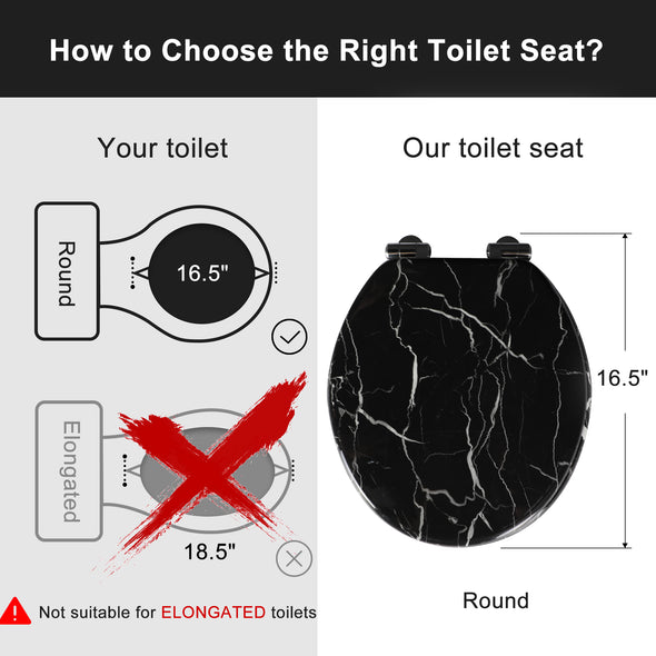 WC-Sitz aus Marmorholz, rund oder länglich, mit leise schließenden und schnell lösbaren Scharnieren, einfach zu installieren, auch leicht zu reinigen (schwarz)