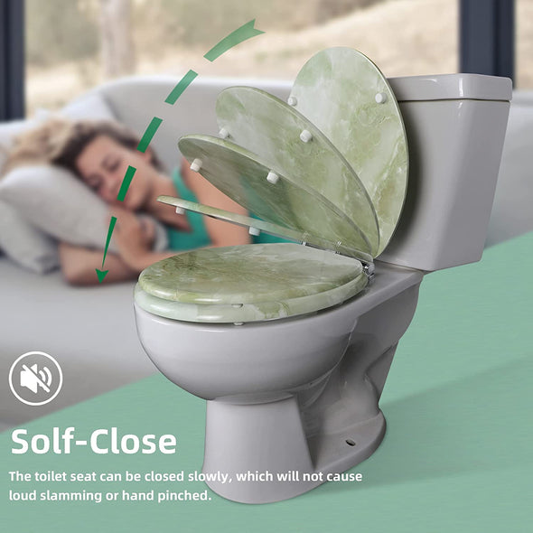 WC-Sitz aus Marmorholz, rund oder länglich, mit leise schließenden und schnell lösbaren Scharnieren, einfach zu installieren, auch leicht zu reinigen (Grün)