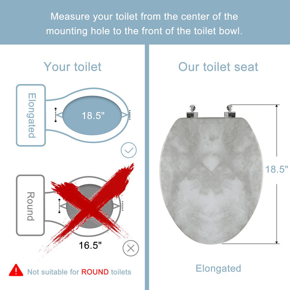 WC-Sitz aus Marmorholz, rund oder länglich, mit leise schließenden und schnell lösbaren Scharnieren, einfach zu installieren, auch leicht zu reinigen (Grau)
