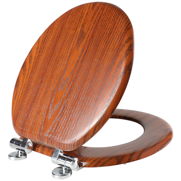 WC-Sitz aus geformtem Holz, rund oder länglich, mit leise schließenden und schnell lösbaren Scharnieren, einfach zu installieren, auch leicht zu reinigen (bräunlich-gelb)