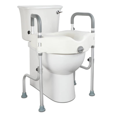 Toilettensitzerhöhung mit Armlehnen 10 cm groß, wc sitzerhöhung für senioren, behinderten wc haltegriff, Toilettenaufsatz für Senioren, höhenverstellbar, Kann 150 kg Aluminium Stützrahmen aushalten
