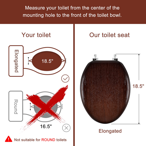 WC-Sitz aus Naturholz, rund oder länglich, mit leise schließenden und schnell lösbaren Scharnieren, einfach zu installieren, auch leicht zu reinigen (dunkles Walnuss)