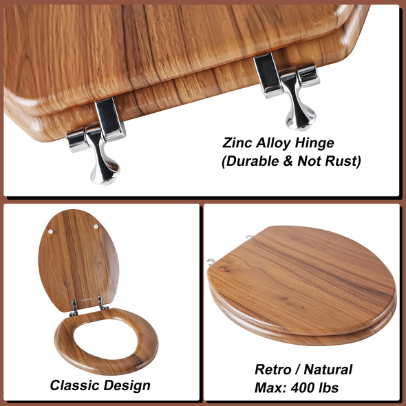 WC-Sitz aus geformtem Holz, rund oder länglich mit leise schließenden und schnell lösbaren Scharnieren, einfach zu installieren, auch leicht zu reinigen (natürliches Holz)