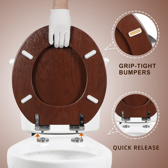WC-Sitz aus geformtem Holz, rund oder länglich mit leise schließenden und schnell lösbaren Scharnieren, einfach zu installieren, auch leicht zu reinigen (Dunkelrot)