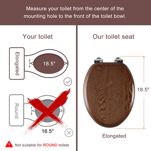 WC-Sitz aus Naturholz, rund oder länglich, mit leise schließenden und schnell lösbaren Scharnieren, einfach zu installieren, auch leicht zu reinigen (braun)