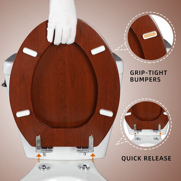 WC-Sitz aus geformtem Holz, rund oder länglich mit leise schließenden und schnell lösbaren Scharnieren, einfach zu installieren, auch leicht zu reinigen (Dunkelrot)