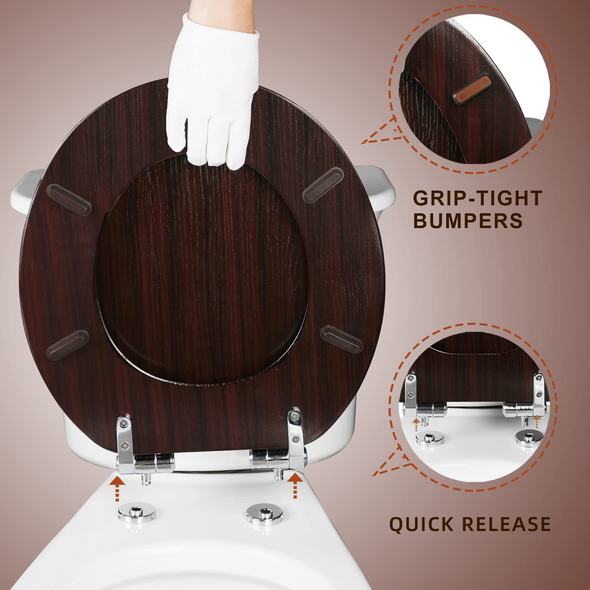WC-Sitz aus geformtem Holz, rund oder länglich, mit leise schließenden und schnell lösbaren Scharnieren, einfach zu installieren, auch leicht zu reinigen (Dunkelbraun)