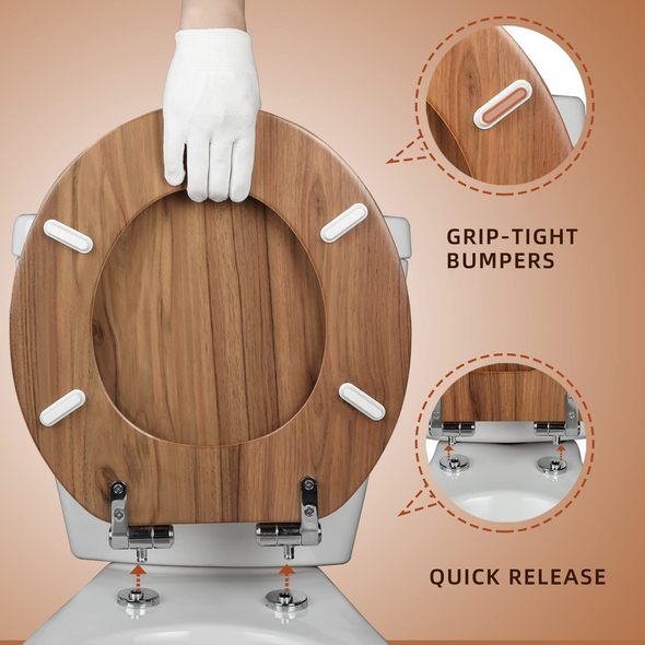 WC-Sitz aus geformtem Holz, rund oder länglich mit leise schließenden und schnell lösbaren Scharnieren, einfach zu installieren, auch leicht zu reinigen (natürliches Holz)