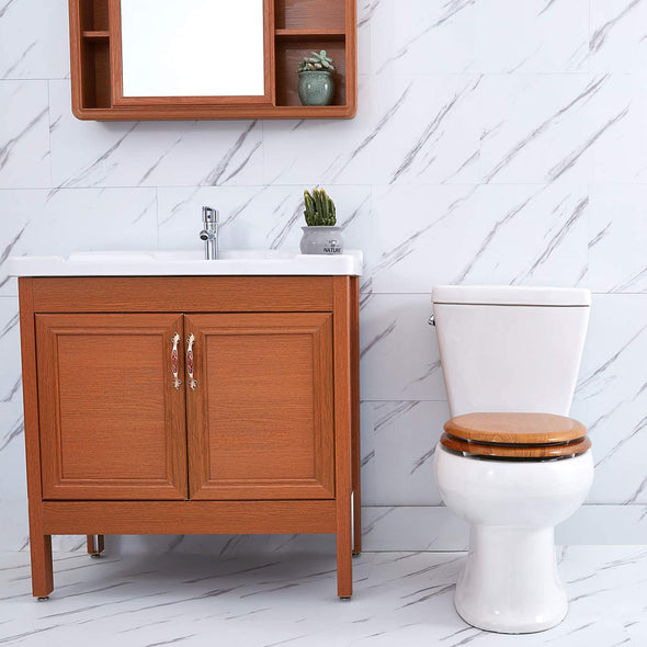 WC-Sitz aus Naturholz, rund oder länglich, mit leise schließenden und schnell lösbaren Scharnieren, einfach zu installieren, auch leicht zu reinigen (Orange)
